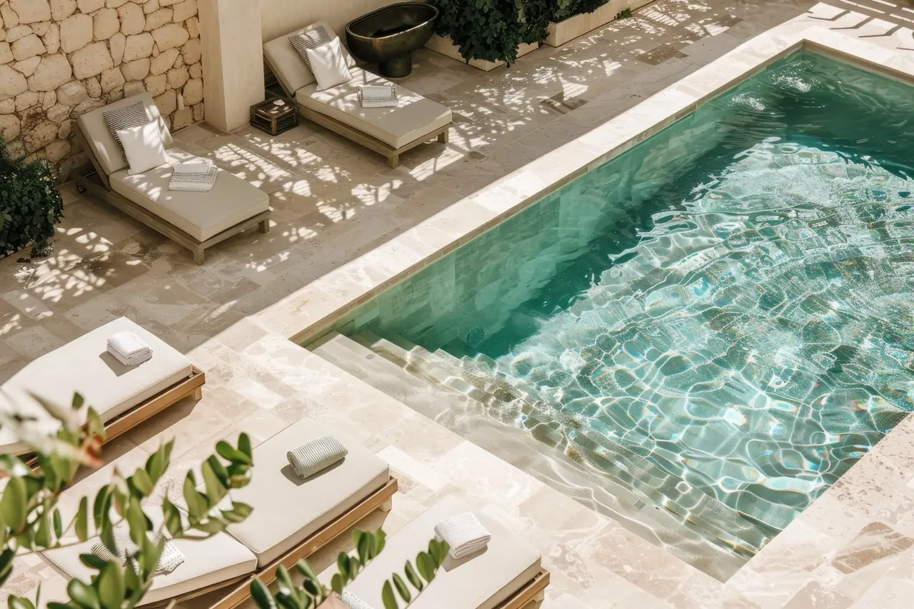 una-piscina-circondata-da-sedie-sdraio-un-resort-di-lusso-una-piscina-di-lusso-con-acqua-frizzante-e-lettini - dimensioni grandi